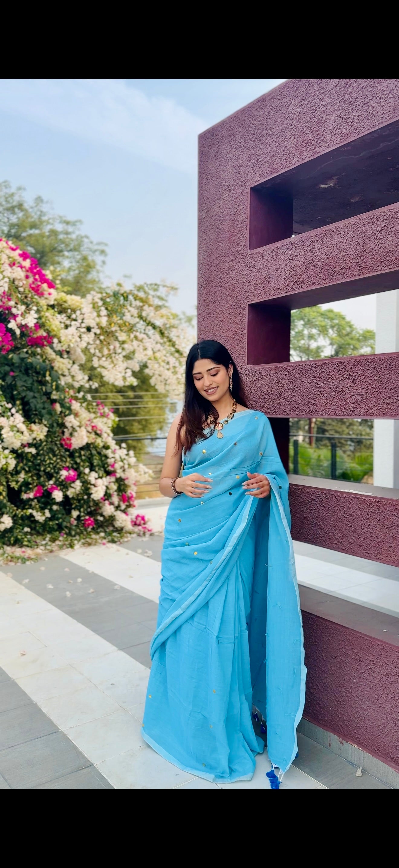 Rangdhaaga Sky Blue Sequence Cotton Saree